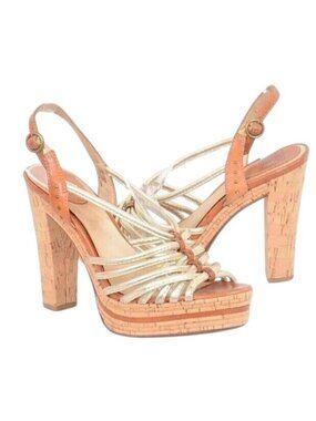 FRYE Lena Retro 70s Strappy Leather Chunky Cork Heel Slingback Shoes Heels 7.5